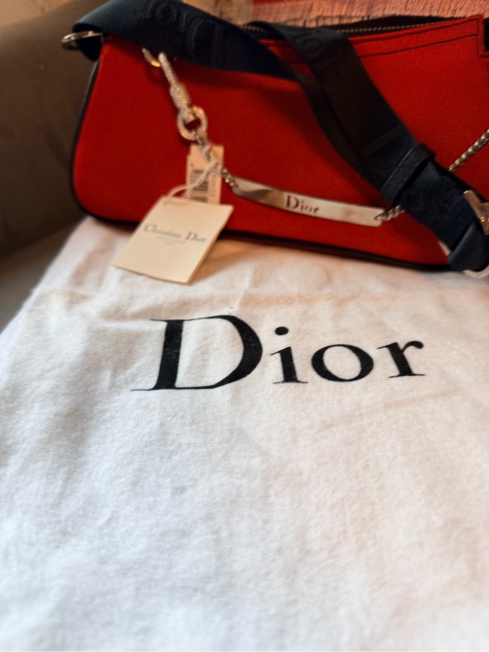 Dior Red Shoulder Bag with Black Strap and Silver Hardware